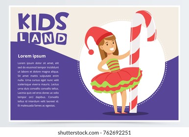 Happy girl in elf Santa assistant dress, cute kid in Christmas costume for masquerade, kids land banner flat vector element for website or mobile app