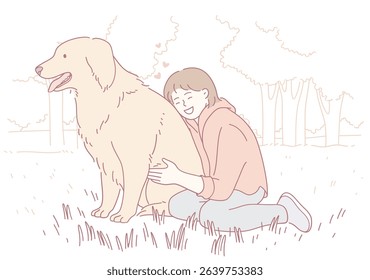 A happy girl embraces her golden retriever in a serene outdoor setting, reflecting love and companionship.