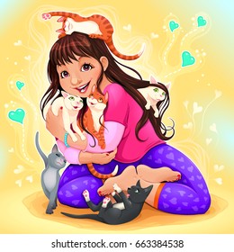Happy girl embraces a lot of kitties. Vector cartoon illustration.