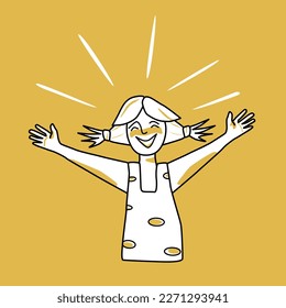 Happy girl, emotion of happiness, orange and white. Joyful half body adolescent with ponytails haircut, good spirit of female child, hands to the sides. Line vector drawing.