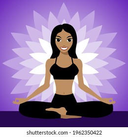 Happy girl is engaged in yoga. Young woman meditates in the lotus position. Vector illustration.