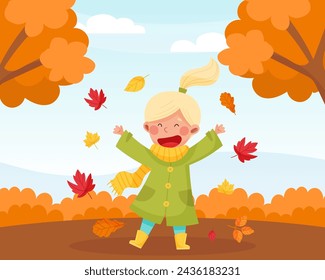 Happy Girl Enjoy Fall Season Bright Vector Illustration