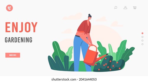 Happy Girl Enjoy Gardening, Landing Page Template. Farmer Woman Watering and Caring of Bush, Horticulture and Olericulture Hobby, Farming Work, Female Character in Garden. Cartoon Vector Illustration