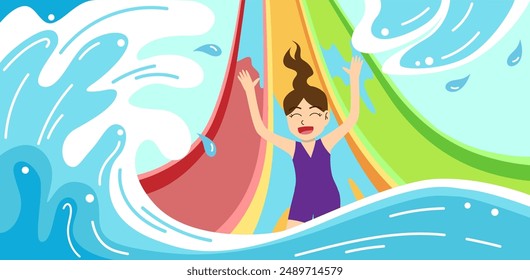 Happy girl enjoy slide at waterpark