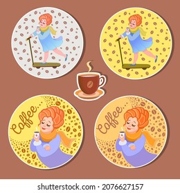 Happy girl enjoying coffee. Red-haired girl drinks coffee in a good mood.Brown background. Coffee beans. Can be used to print books, magazines, stickers, magnets, postcards Cute vector illustration.