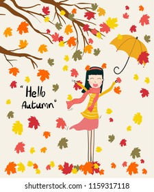 happy girl enjoying colourful fall leaves under dry tree in autumn season, with Hello autumn word