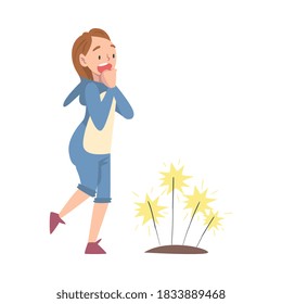 Happy Girl Enjoying Fireworks Show, Teenager Celebrating Holidays Cartoon Style Vector Illustration