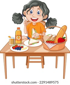 Happy Girl Enjoying Meal illustration