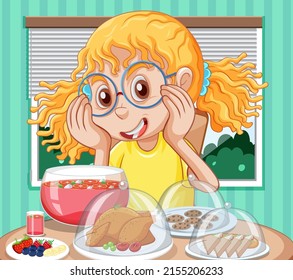 Happy girl enjoying meal on the table illustration