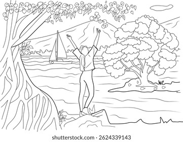Happy Girl Enjoying Nature View by the River, Black and white line art illustration of a young woman or girl with raised arms, standing on a rock by a river and enjoying the scenic landscape with