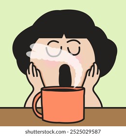 A happy girl is enjoying a scent of coffee with heart shaped Vapor