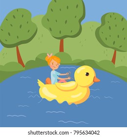 Happy girl enjoying water rides on a floating giant yellow duck on lake, summer landscape vector Illustration, colorful design element for poster or banner