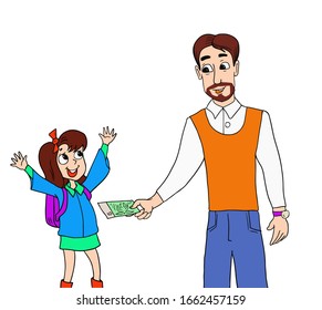 Happy girl enjoys chatting with dad. Dad gives money to daughter.