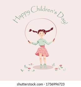 a happy girl enjoys jumping rope. delicate colours and cheerful energy of youth. 
