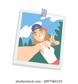 Happy Girl Face in Baseball Cap on Photographic Print or Selfie Picture Vector Illustration