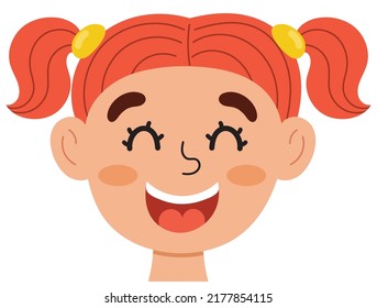 Happy girl face. Little kid smiling clipart. Excited emotion. Emotional expression head close-up. Feeling concept vector illustration