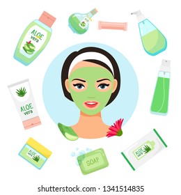 Happy girl with facial mask. Organic cosmetics vector illustration. Aloe vera mask of girl, organic cosmetic