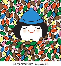 Happy Girl Falling Into A Pile Of Autumn Fall Leaves Concept Card Character illustration