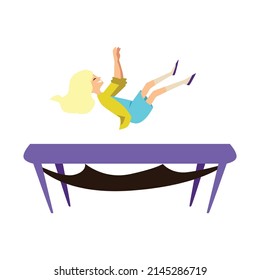 Happy girl falling and jumping on trampoline, flat vector illustration isolated on white background. Child or teenager having fun on trampoline. Active sport and entertainment concepts.