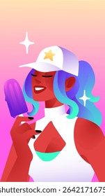 Happy girl in fashion cap is eating ice cream. Young woman is holding popsicle, icecream on stick. Person in trendy summer outfit with colourful hair. Stylish female avatar. Flat vector illustration