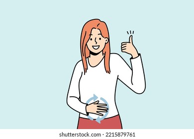 Happy girl feeling good herself after eating. Young lady has healthy digestion, holds hand on her stomach, shows like gesture. Female student has well nutrition. Vector outline illustration in color.