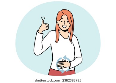 Happy girl feeling good herself after eating. Young lady has healthy digestion, holds hand on her stomach, shows like gesture. Female student has well nutrition. Vector outline illustration in color.