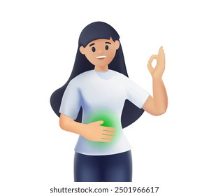 Happy girl feeling good herself after eating, 3D style. Young lady has healthy digestion, holds hand on her stomach, shows like gesture. Female student has well nutrition. Vector 3D illustration