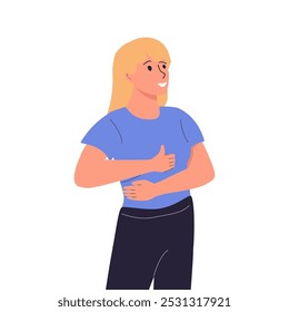 Happy girl feeling good herself after eating. Young lady has healthy digestion, holds hand on her stomach, shows like gesture. Female student has well nutrition. Vector outline illustration in color.