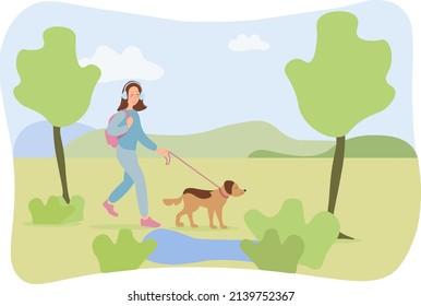 Happy girl female walking with dog. Vector illustration on white surface, woman wearing headphones listening to relaxing audio therapy or music meditation, girl goes to or from school with a backpack