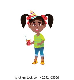 happy girl with festival hat drink beverage on xmas party cartoon vector. happy girl with festival hat drink beverage on xmas party character. isolated flat cartoon illustration