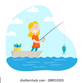 Happy girl fishing. Flat design. Vector illustration.