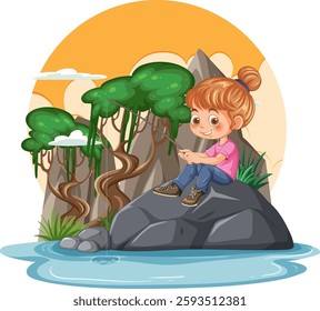 Happy girl fishing on rock near lake with mountains and trees