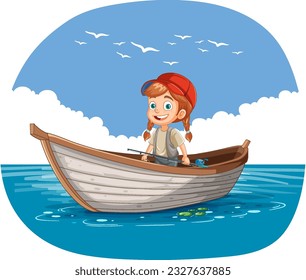 Happy girl fishing on wooden boat illustration