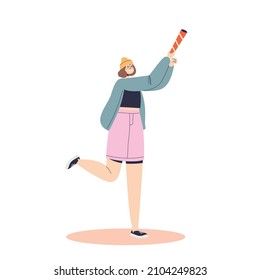 Happy girl with flapper celebrating birthday. Cheerful female on holiday event or party celebration. Festive holiday concept. Cartoon flat vector illustration
