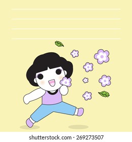 Happy Girl With Flower Blossom Character paper note illustration