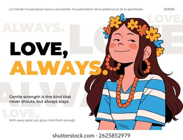 Happy girl with flower crown and bright smile.