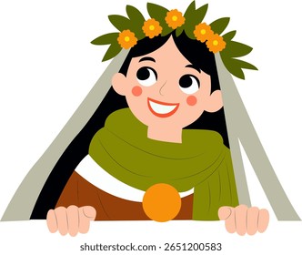 Happy Girl Flower Crown Peeking Illustration peeking, happy Saint Brigid Day Pilgrim