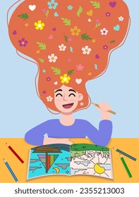 Happy girl with flowers and leaves in her hair drawing at table. Practice mindfulness