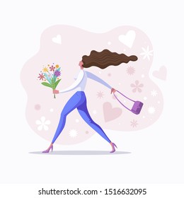 Happy girl with flowers. Relationship concept, vector color flat illustration.