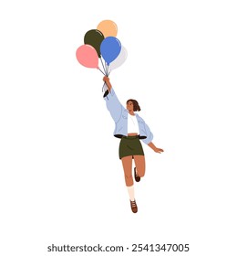 Happy girl flying up with air balloons bunch. Joyful woman holding helium baloons, soaring, rising high with smile, celebrating holiday. Flat graphic vector illustration isolated on white background