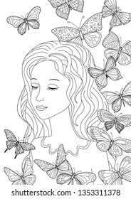 happy girl and flying butterflies for your coloring page 