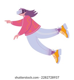 Happy girl flying, floating in air, levitates in space, reaches out with a hand to touch something. Stylish character, cartoon style. Trendy vector illustration isolated on white, hand drawn, flat 