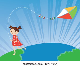 Happy girl with flying kite