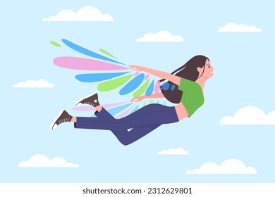 Muchacha feliz volando sobre las coloridas alas en el cielo azul con nubes de ilustración vectorial. Caricatura lindo personaje adolescente libre que sueña con la libertad y vuelo como un ave, sueño diurno y concepto de inspiración