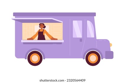 Chica feliz en el personaje de un vector de color semi-plano de un camión de comida. Persona de cocina caucásica de medio cuerpo editable y venta de comida en blanco. Ilustración simple de dibujos animados para el diseño gráfico web