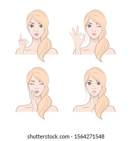 Happy Girl with fresh skin. Young blonde Woman shows OK gesture and winks. Set of vector icons in cartoon style.