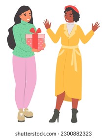 Happy girl friend giving gift box vector illustration. Cheerful fun people characters isolated on white background. Friendship, surprise and present for holiday or birthday party celebration concept