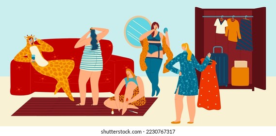 Happy girl friends talking and drinking coffee and tea sitting on a couch at home, girlfriend home party with make-up and shopping vector illustration