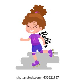 Happy girl fun rollers, children sport kids activity vector illustration
