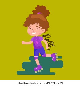 Happy girl fun rollers, children sport, kids activity vector illustration